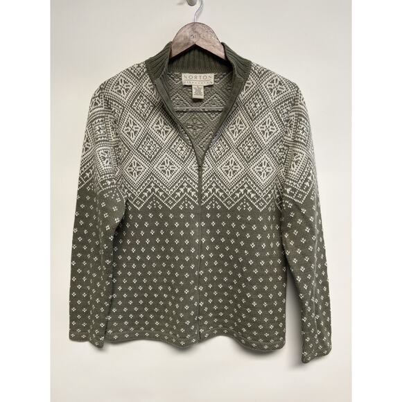 Vintage Full Zip Sweater Women Small Wool Blend Folk Nordic Fair Isle Sage Green - Picture 8 of 11